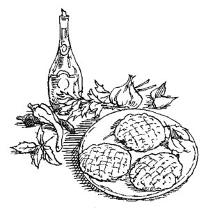 black and white illustration of finished lenti patties with a bottle of oil and spices&hellip;